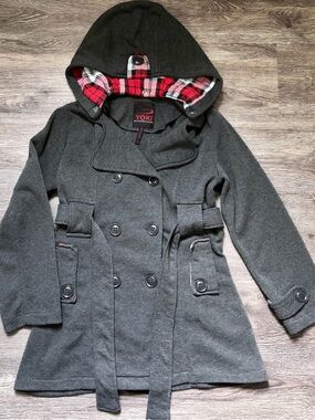 Yoki Girls' Charcoal Hooded Peacoat with Red Plaid Hood Lining